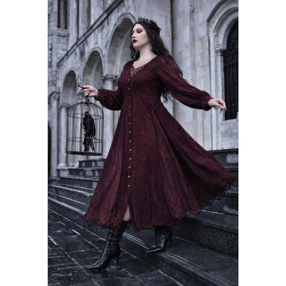 VTG Rayon Burnout Burgundy Lace Panels Maxi Dress Button Front Boho Romantic 1X